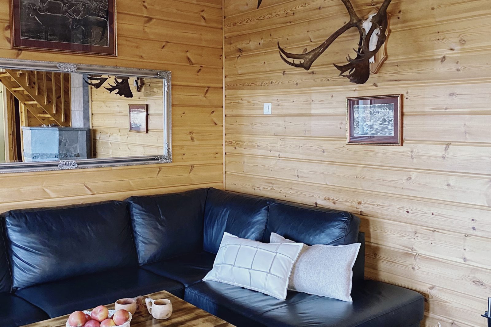 Olohuone, poronsarvet. Mökki Kilpisjärvi majoituskohde